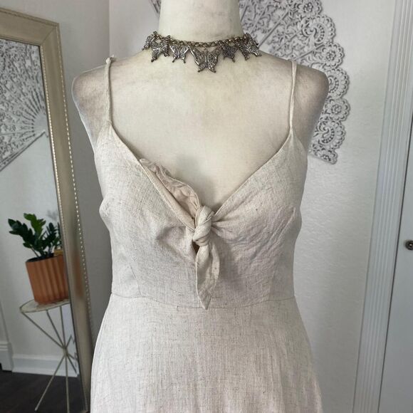 Nude Cream Linen Rayon Blend Romantic Cottage Core Linen Tiered Midi Dress S - Picture 4 of 8